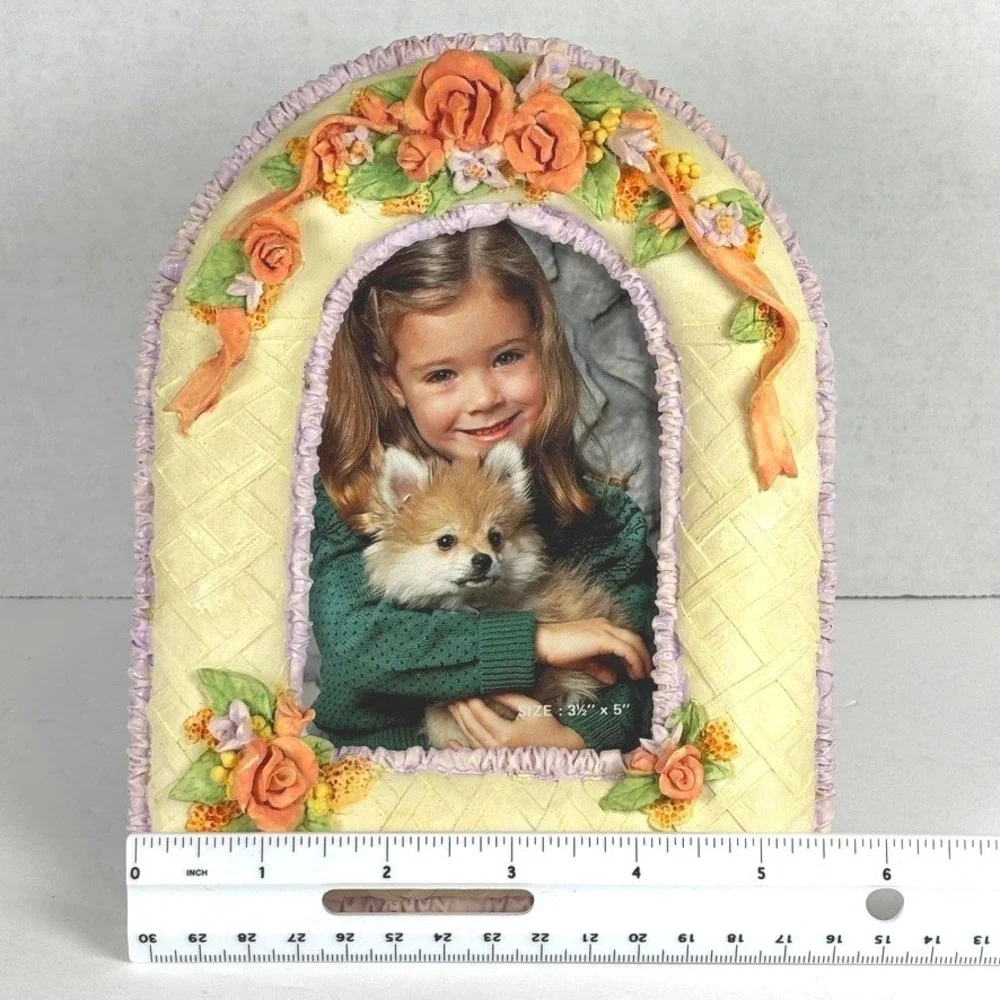 Vtg 90s Peach Roses Floral Photo Frame 3.5x5 English Country Cottage Romantic